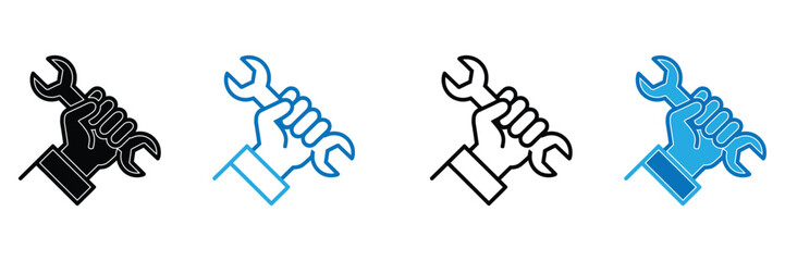 Hands holding wrenches in different colors and styles for repair and maintenance