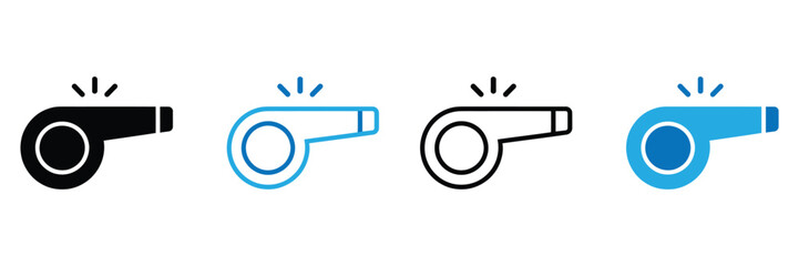 Referee whistle icon, Whistle icon with outline and silhouette style, Referee whistle, attribute of sports referee or violation of game rules 