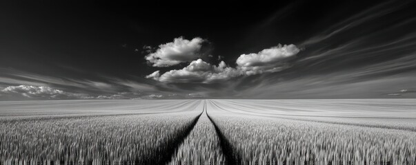 Farm Plantation Solitude concept. Vast field under dramatic clouds in monochrome tones.