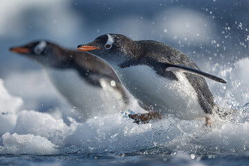 Fototapeta premium Gentoo penguin leaping across icy water with splashes, showing dynamic movement and natural habitat in cold environment with another penguin blurred in background