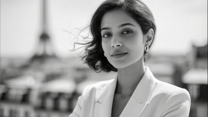young indian woman in monochrome power suit standing outdoor