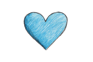 Fototapeta premium Hand-drawn, blue heart shape with a textured, scribbled appearance on a stark black background