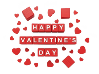 Happy valentine's day with hearts and blocks isolated on transparent background