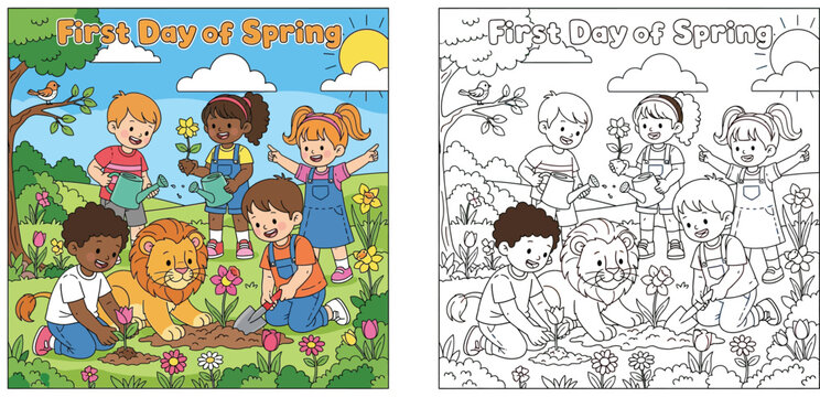 Diverse Kids and Friendly Lion Celebrating First Day of Spring Gardening and Planting Flowers in Sunny Backyard, Cute Cartoon Illustration for Children Education and Graphic Design Projects.
