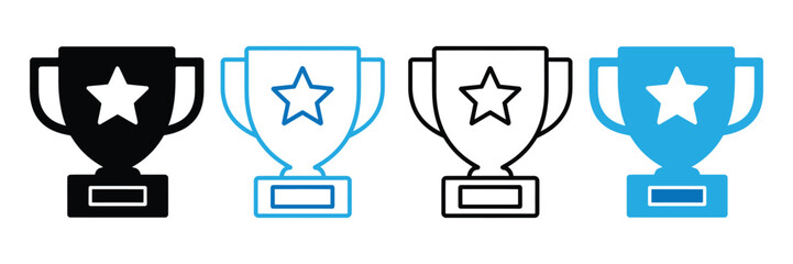 Four trophy icons in black, white and blue, symbolizing achievement and success