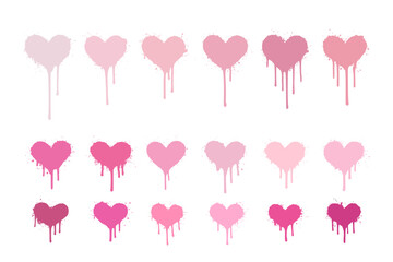 pink and pastel heart shaped paint drips in multiple shades arranged representing love romance graffiti style and modern decorative design, vector