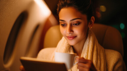 young indian woman working on tablet at airplane