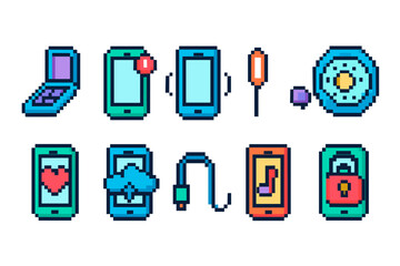 Technology pixel icon set. Retro, mobile devices, games, media icons in pixel art style