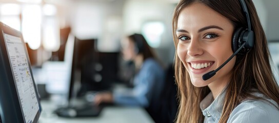Smiling customer support agent wearing headset at IT service desk in modern office, idea for help desk marketing and professional call center branding