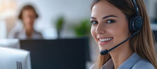 Smiling customer service call center agent wearing headset in modern office workspace, perfect for business support, helpdesk operations, and client communication use cases