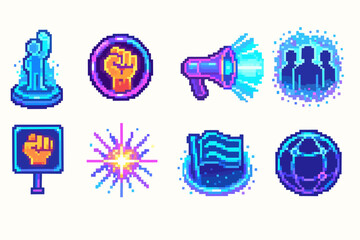 Protest and awareness solid icon set. Demonstration, activism, and unity icons