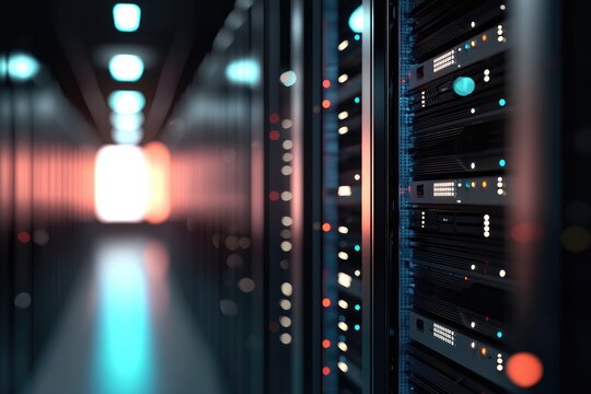 Futuristic cloud server racks inside IT data center corridor with glowing status lights and dark hardware panels, idea for enterprise hosting and secure infrastructure visuals - Powered by Adobe