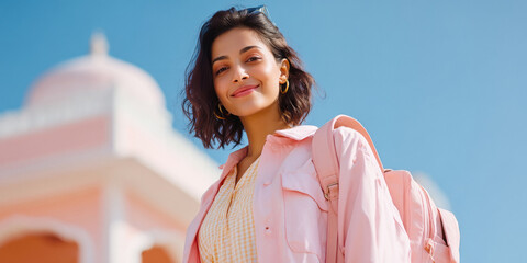 young indian woman tourist standing against tourist destination