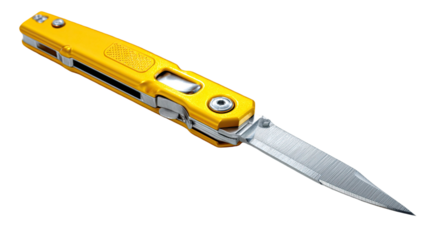 A sharp steel utility knife and Swiss army tool with a yellow plastic handle are isolated on white for professional office cutting work