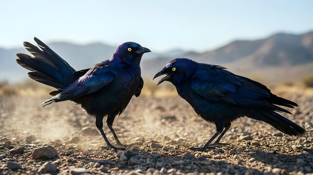 Two black birds with yellow eyes standing on rocky ground facing each other
