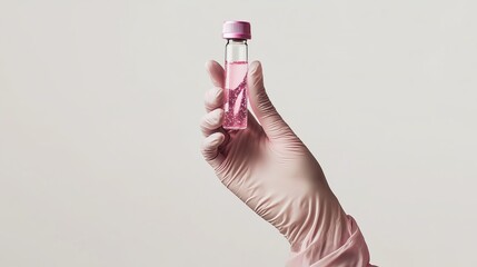Scientist in Laboratory Holding Vial of Promising Pink Liquid for Chemistry and Medical Research