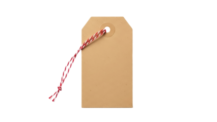 Blank brown paper tag with red and white string isolated on transparent background, gift label for Christmas presents and product pricing