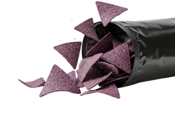 Deep indigo blue corn tortilla chips with sparkling seasoning spilling from a glossy black snack bag, caught mid-fall on transparent with bokeh, concept for snack food advertising