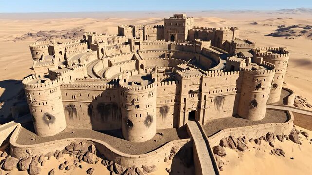 Aerial View of an Ancient Desert Fortress Surrounded by Expansive Sand Dunes, Showcasing Towering Walls and Intricate Architecture in a Remote Location