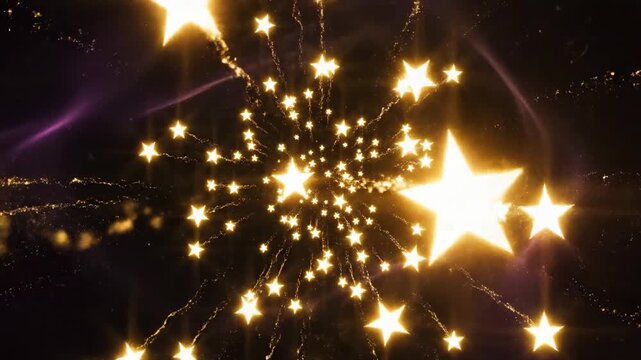 Abstract Christmas tree with glowing lights and a shiny star creates a magic holiday design against a dark night sky filled with sparkle and galaxy fireworks for a bright New Year celebration