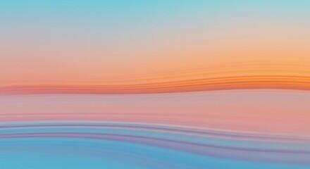 Serene abstract fluid horizon background displaying smooth color gradients where light blue meets warm orange and soft pink in a tranquil setting, space, conceptual, design