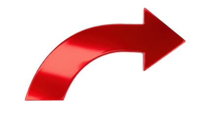 Shiny red curved arrow pointing right isolated PNG, 3D render graphic element for direction and navigation on transparent background