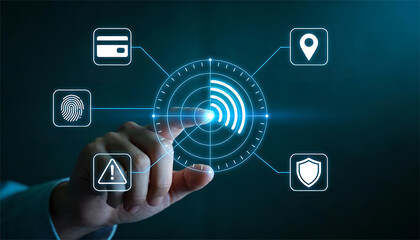 Fingerprint scan radar interface with payment card location and security icons for biometric authentication fraud detection identity access control and secure transactions