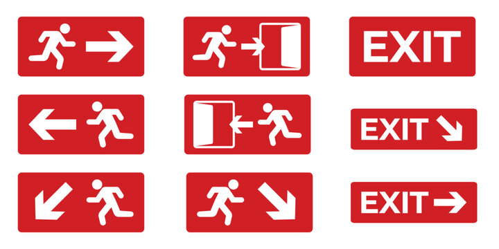 Set of red emergency exit signs with running man symbols and directional arrows. Ideal for safety guidance, evacuation routes, fire escape plans, public buildings, offices, malls, hospitals