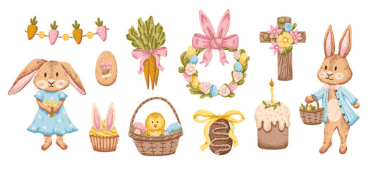 Easter holiday set with bunny, eggs and chick in basket. Spring elements in soft pastel color with texture
