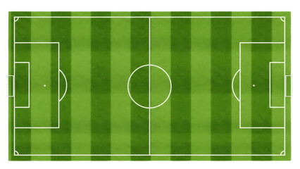 Soccer field PNG isolated on transparent background, top view of football pitch with green grass...