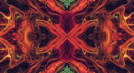 Symmetrical abstract pattern created by digital mirroring of complex colorful liquid textures, resulting in a mesmerizing kaleidoscope design, illustration, unique, flowing