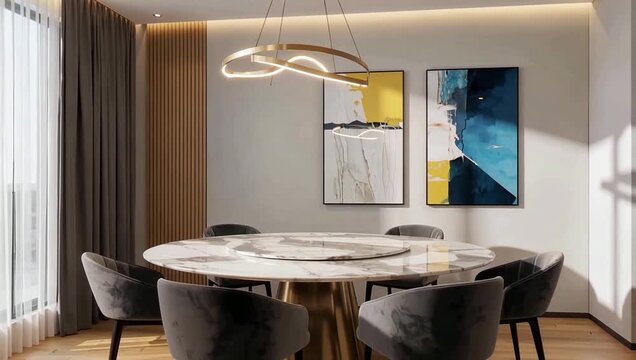 Modern dining room roundtable with chairs and contemporary artwork.