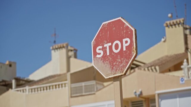 Stop sign against clear blue sky with sun-kissed beige buildings in the background, highlighting an outdoor urban environment on a sunny day.