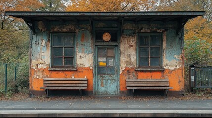 Vintage train station with peeling paint, benches, and rustic charm surrounded by autumn foliage and colorful leaves in a serene countryside setting