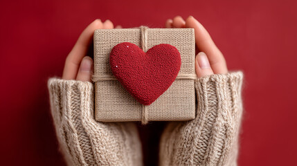 Romantic Red Background With Female Hands in Cozy Knit Sweater Holding Gift Box With Red Heart on Top Valentine's Day Love Background