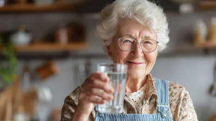 Elderly woman smiles and holds a glass of water in kitchen while wearing glasses and blue apron