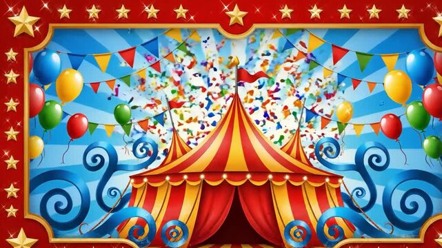 Vibrant circus scene with tent balloons and bunting