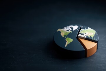 globe navigation investment concept. 3D pie chart depicting the world map with sections representing data segments.