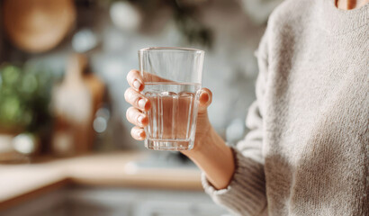 Person holds glass of water in kitchen during morning time for hydration