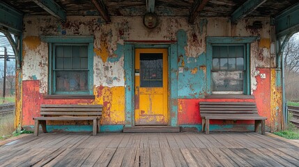 Fototapeta premium Abandoned Train Station with Colorful Peeling Paint and Rustic Wooden Benches Captured on a Gloomy Day in an Urban Setting