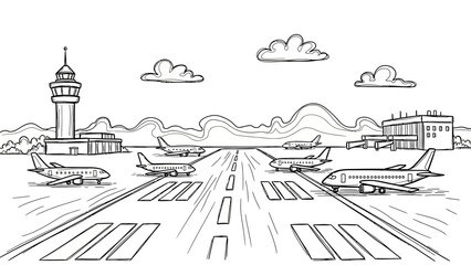 Obraz premium Hand-drawn Airport Scene with Airplanes, Runway, Clouds, and Buildings