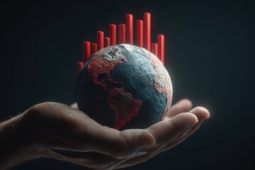 globe navigation investment concept. A hand holds a globe with rising red bars, symbolizing growth and global trends in a dark setting.