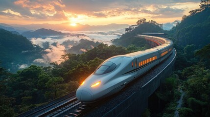 High-speed train gliding through lush mountains at sunrise with vibrant sky and fog creating a stunning scenic backdrop for travel enthusiasts