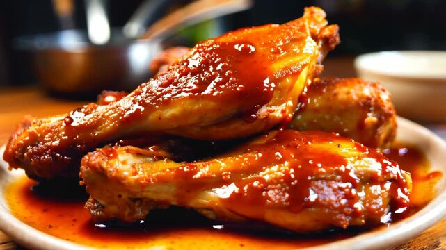 Juicy barbeque chicken drumsticks feature rich, tangy glaze on a rustic wooden table. ideal for culinary arts, food blogs, or recipe books, showcasing delicious textures and vibrant color in a temptin