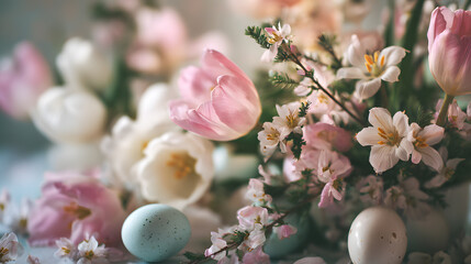 Beautiful  Easter eggs and flowers nestled in a spring blossom bouquet with rose petals and flora in a natural garden