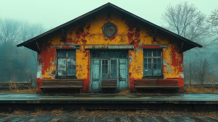 Abandoned Train Station with Colorful Exterior Among Foggy Landscape and Overgrown Vegetation, Evoking Nostalgia and Urban Decay in Autumn Season