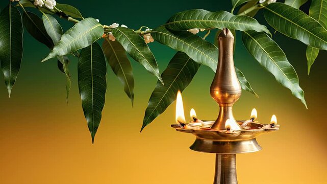 Puthandu mango leaves toran and oil lamp background with warm gold to green gradient
