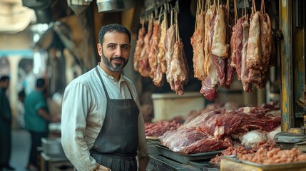 Butcher in Traditional Market Surrounded by Hanging Meat Cuts and Fresh Products with Customers in Background