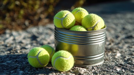 Bright Yellow Tennis Balls in a Silver Can on a Natural Surface, Ideal for Sports and Leisure Activities, Perfect for Tennis Enthusiasts and Sporting Events