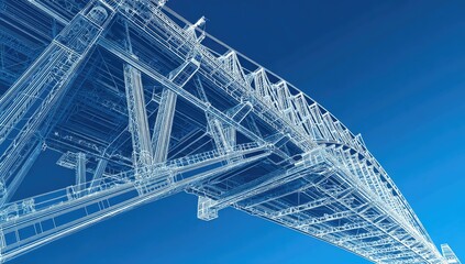 Fototapeta premium A detailed architectural blueprint, rendering a transparent industrial structure against a blue gradient